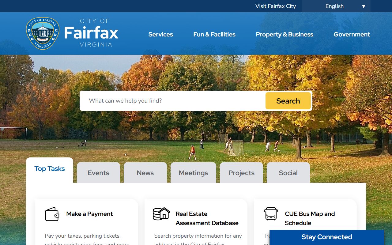 Fairfax city government portal showing resources for marriage records and vital records access
