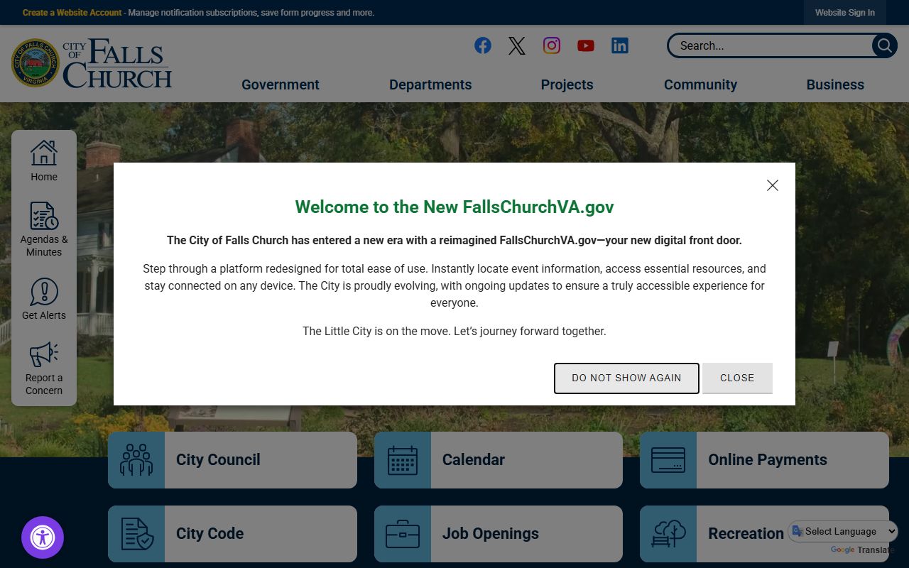 Falls Church city government website showing links to marriage license and circuit court resources