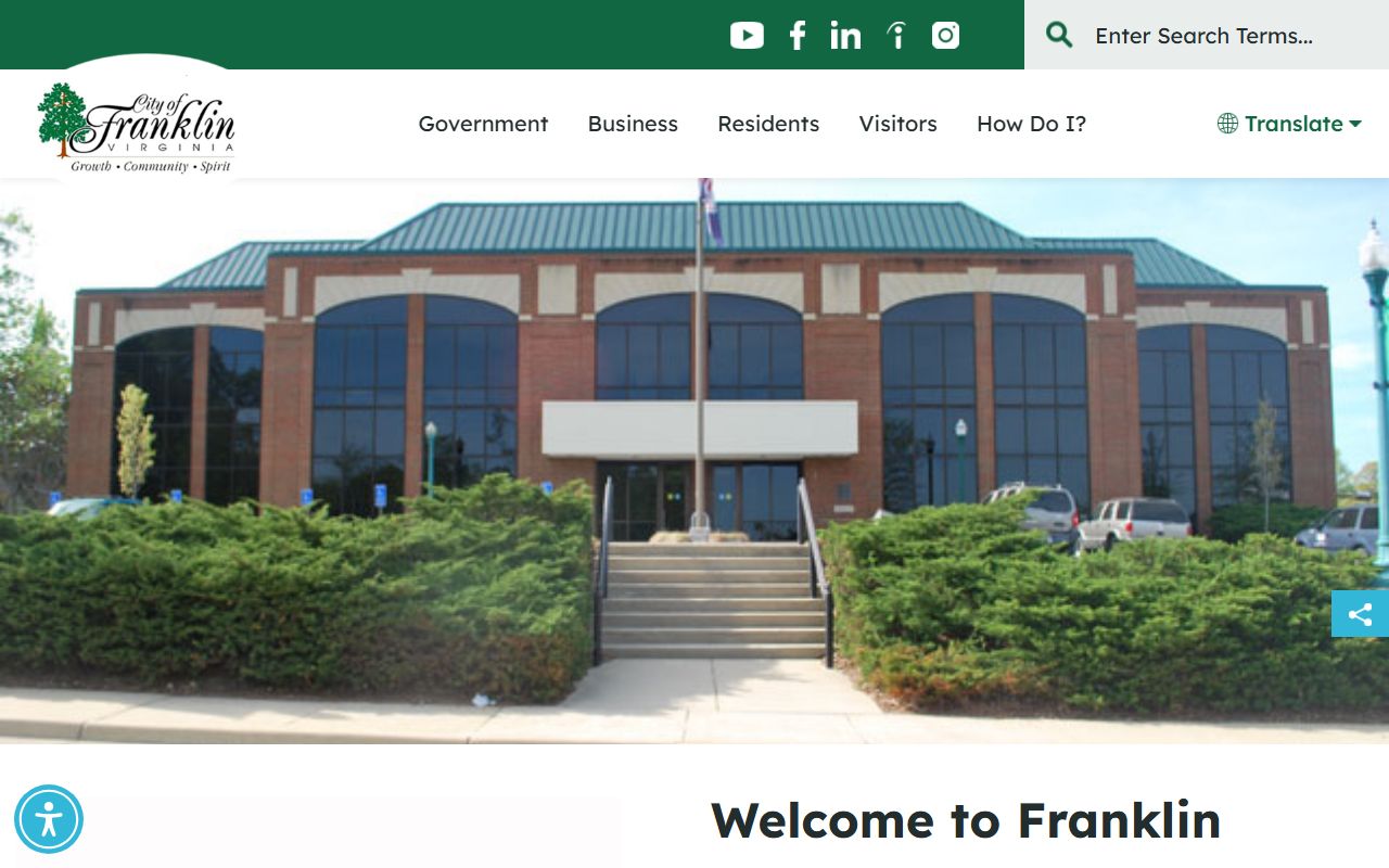 Franklin City Virginia government portal showing resources for marriage records and circuit court access