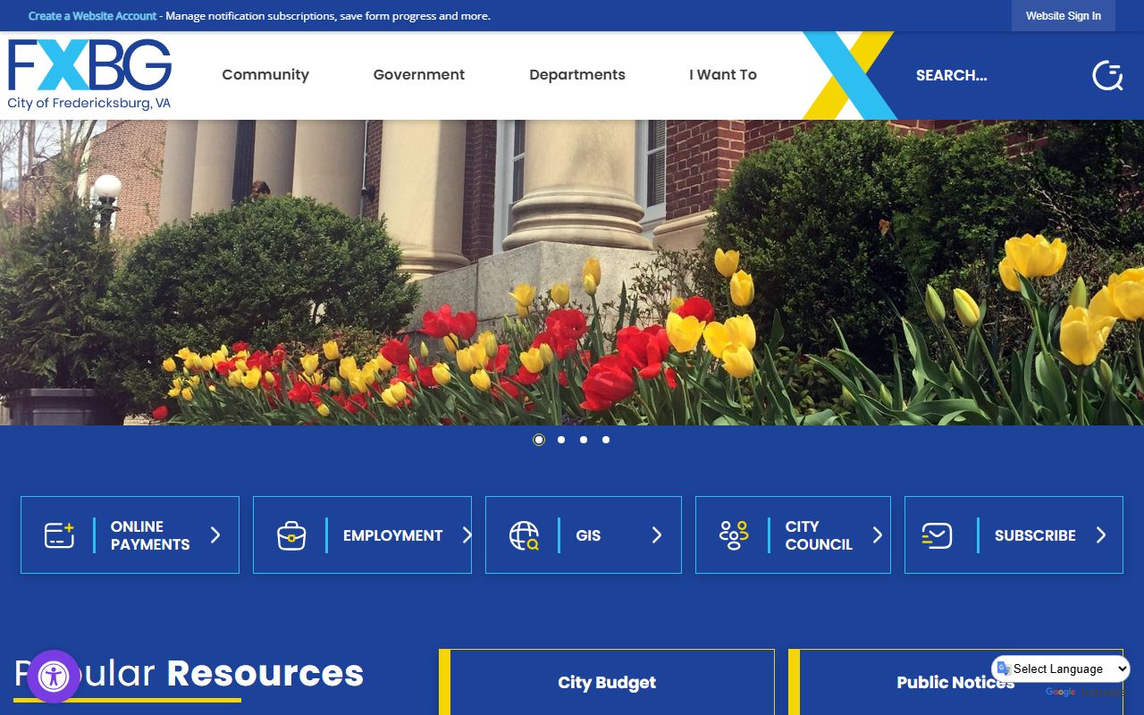 Fredericksburg city government portal showing links to circuit court clerk and marriage records resources