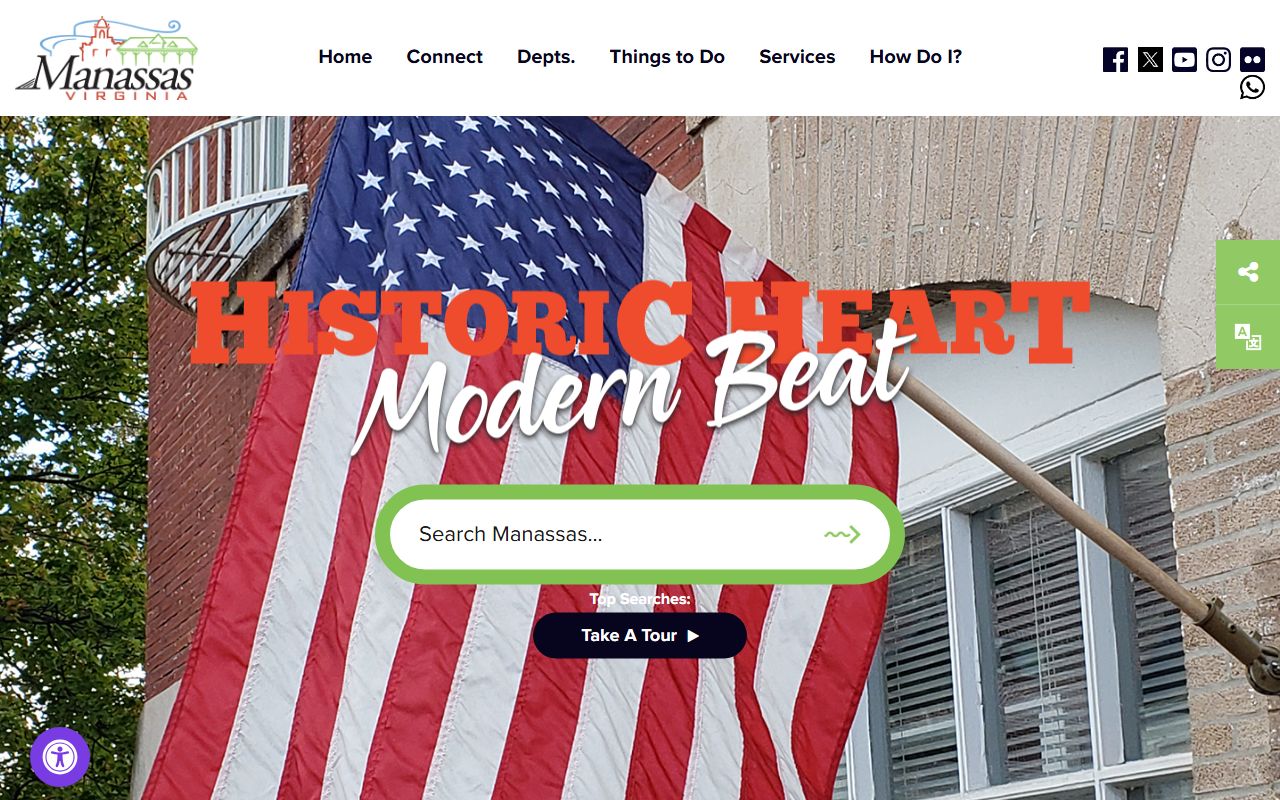 Manassas city government portal showing resources for marriage records and circuit court clerk access