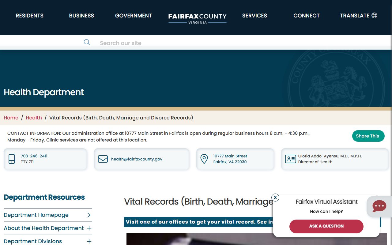 Fairfax County Health Department vital records for marriages