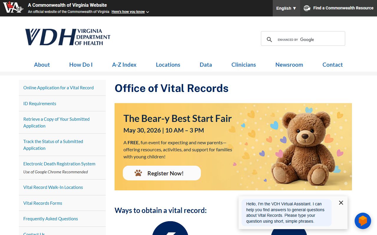 Virginia Department of Health vital records for Lunenburg County marriage certificates