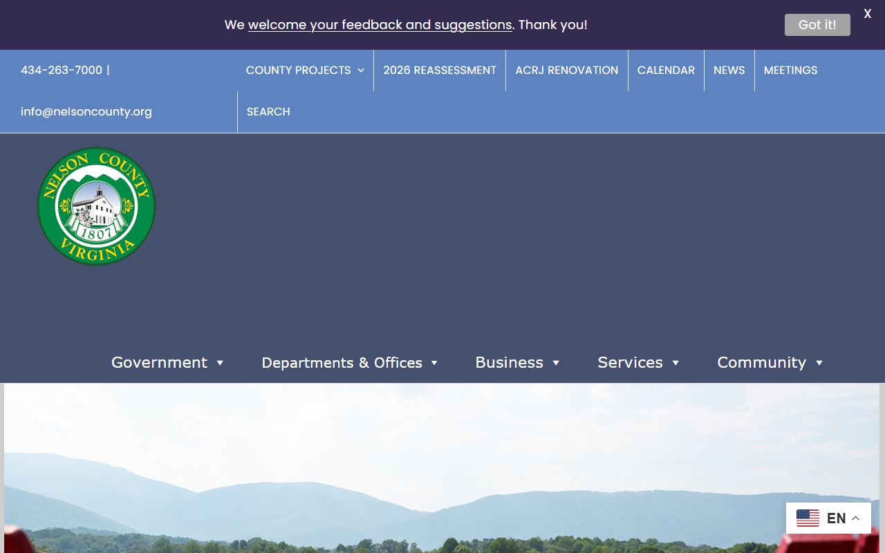 Nelson County government portal page with information on marriage records