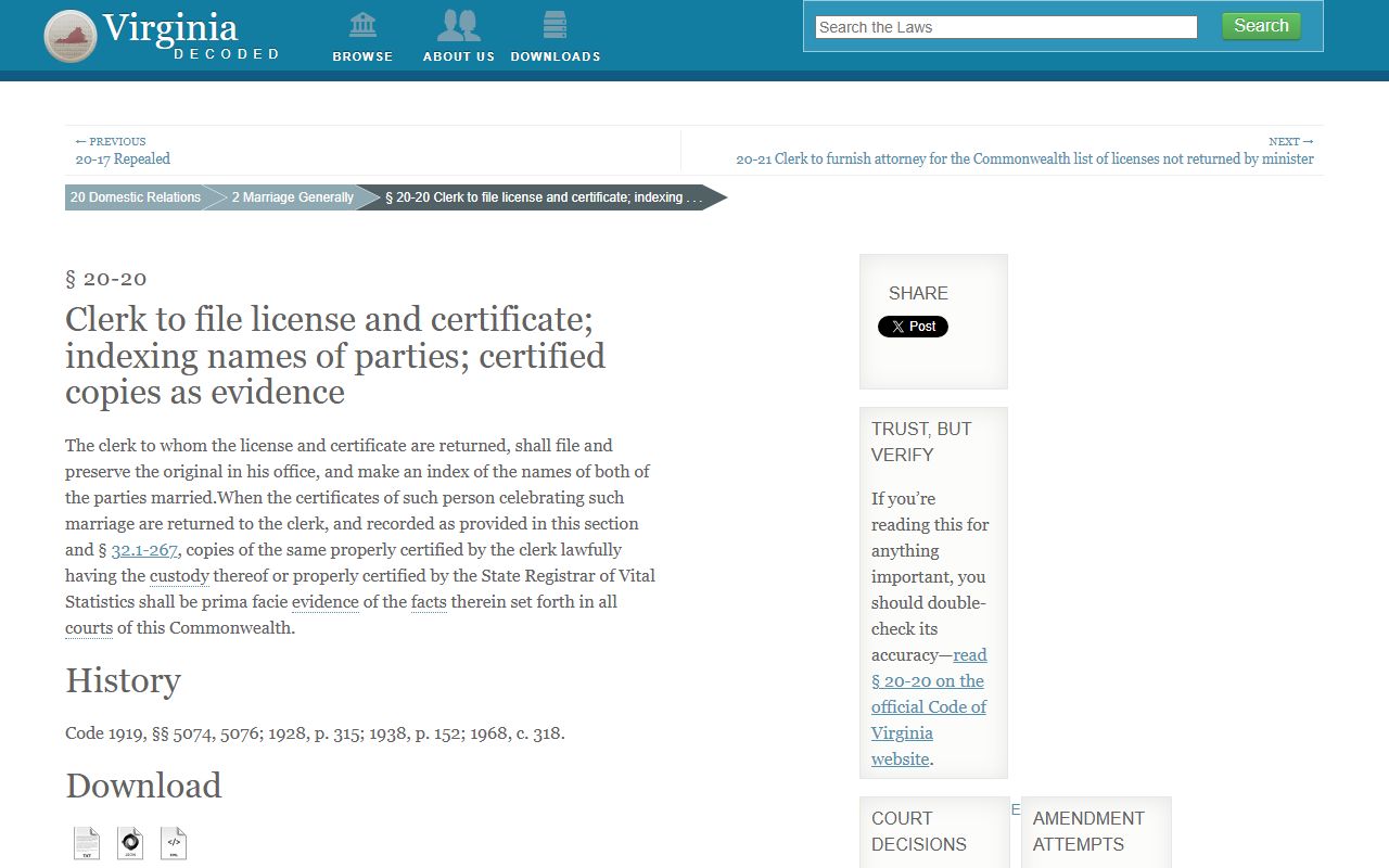 Virginia circuit court clerk marriage record filing requirements under Code § 20-20