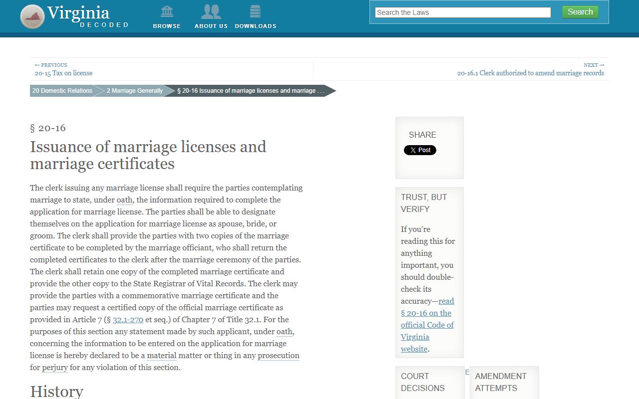 Virginia marriage license application process under Code § 20-16