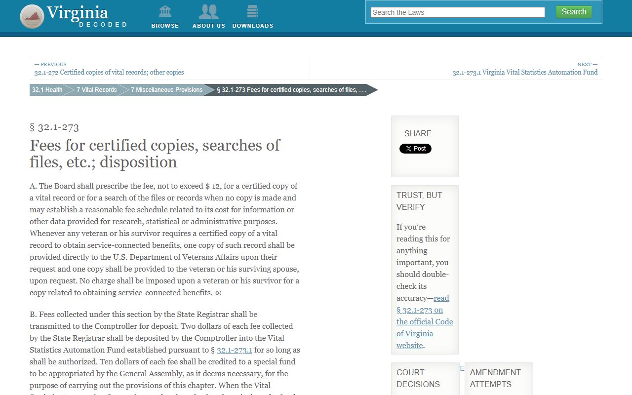 Virginia vital records fee schedule under Code § 32.1-273 for marriage certificate copies